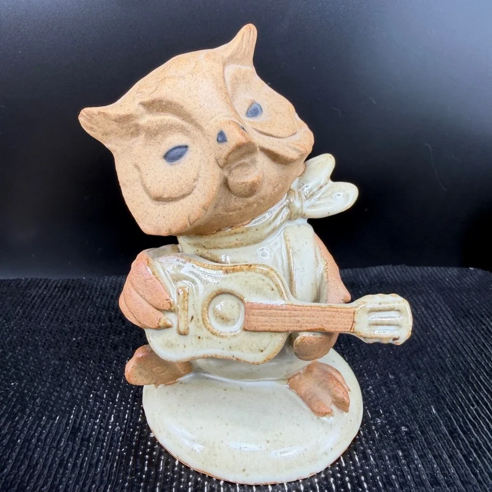 Vintage‎ UC Japan Ceramic Owl Figurine Playing Guitar Whimsical Pottery Decor
